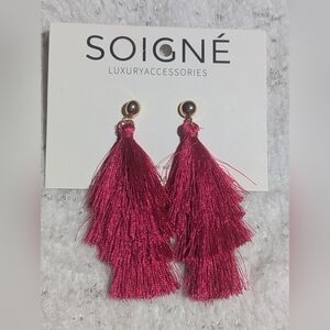 SOIGNÉ Pink Tassel Statement Earrings Gold Ball Stud Fringe Dangle New
